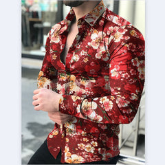 Camisa casual masculina de manga comprida floral primavera e outono