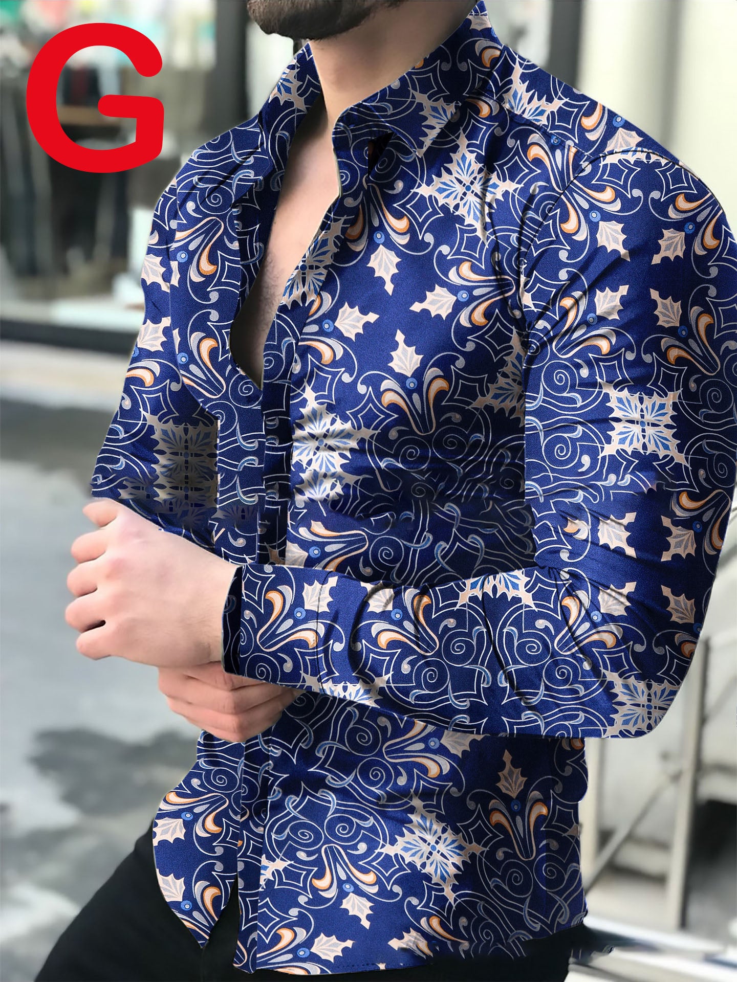 Camisa estampada casual masculina de manga comprida