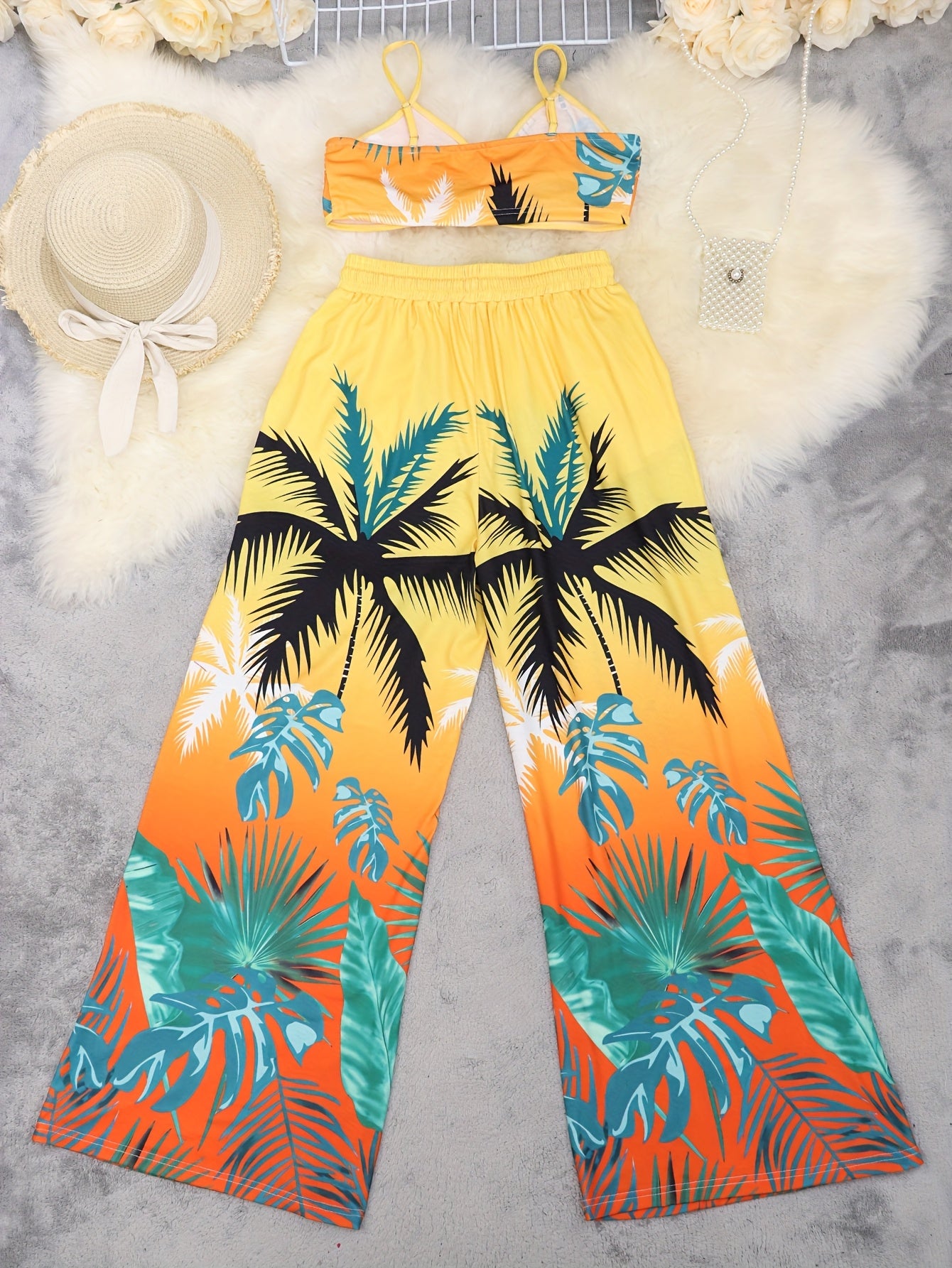 LN1433 New Summer Bohemian Print Strap Top Beach Vacation Style Women's Pants Set