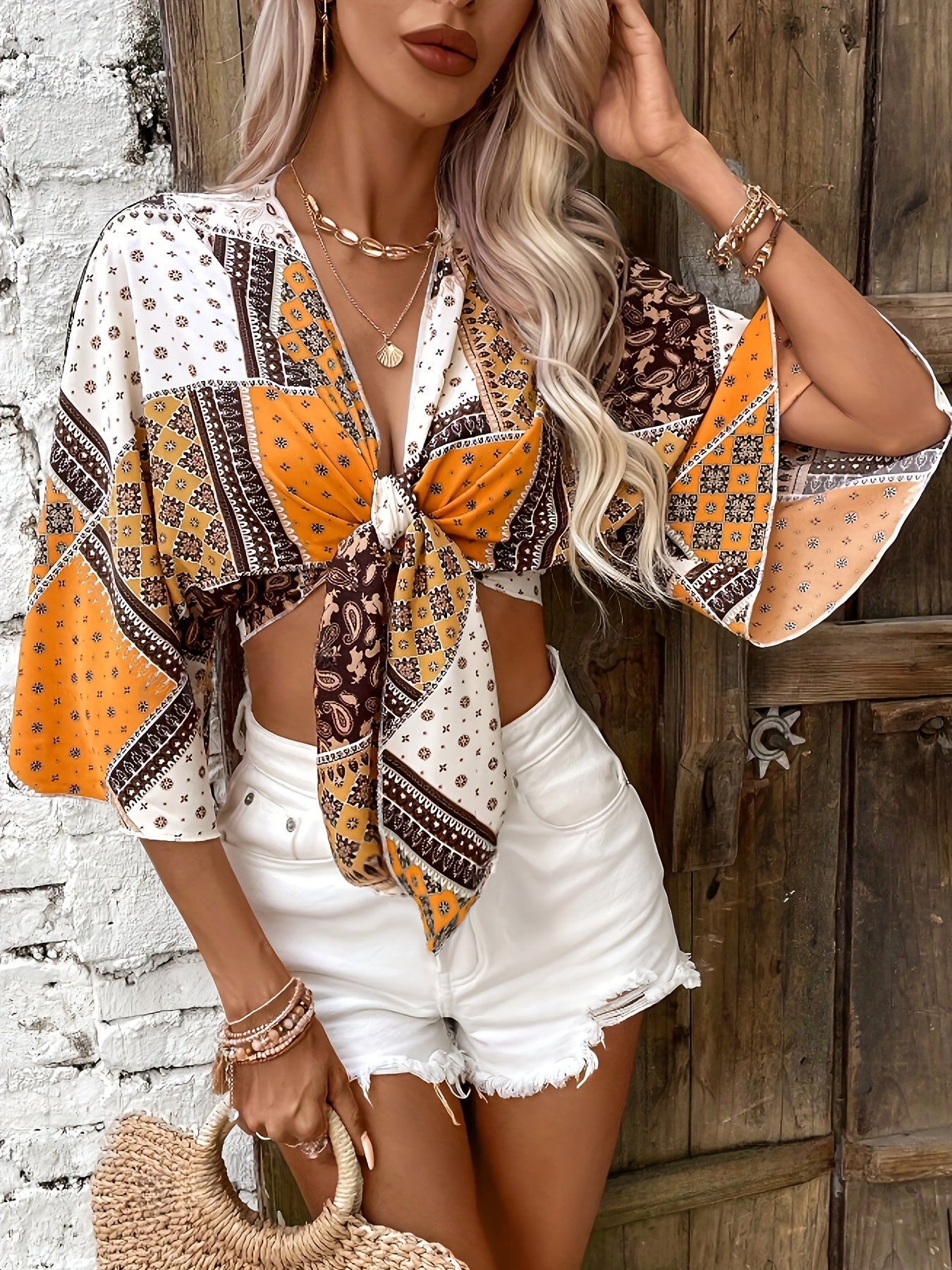 Paisley print knot-front crop blouse – boho style with bell sleeves, ideal for spring and summer