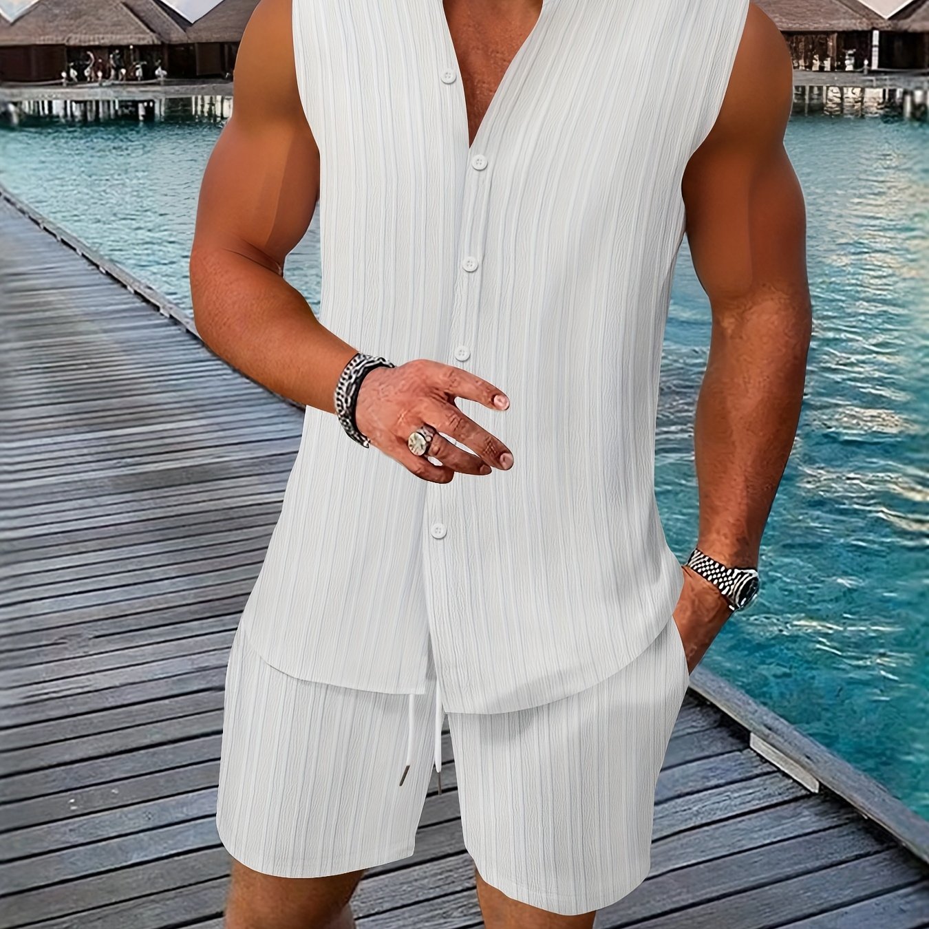 New Summer Men's Shirt Casual Henley Neck Sleeveless Top Shorts Beach Set