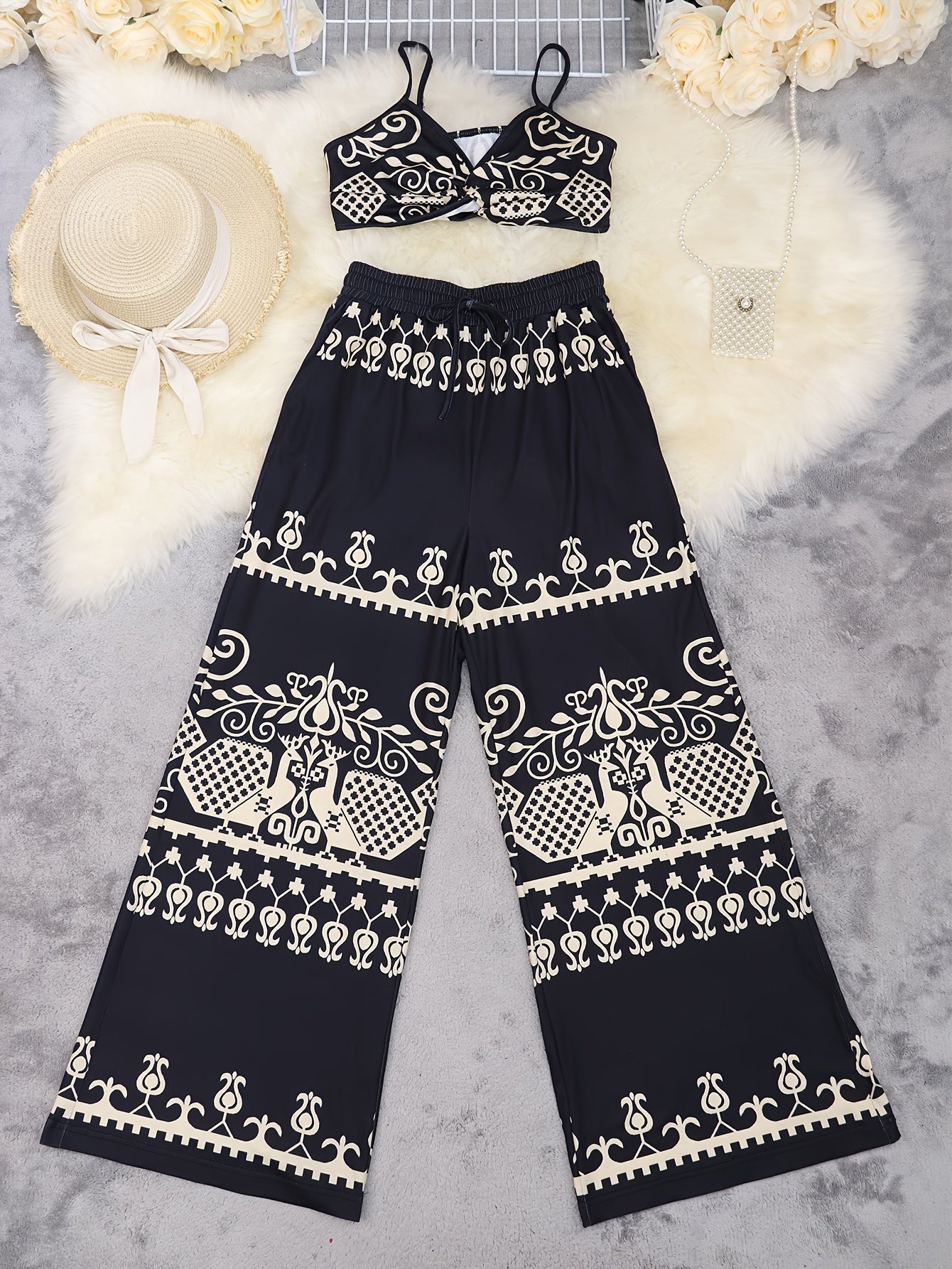LN1433 New Summer Bohemian Print Strap Top Beach Vacation Style Women's Pants Set