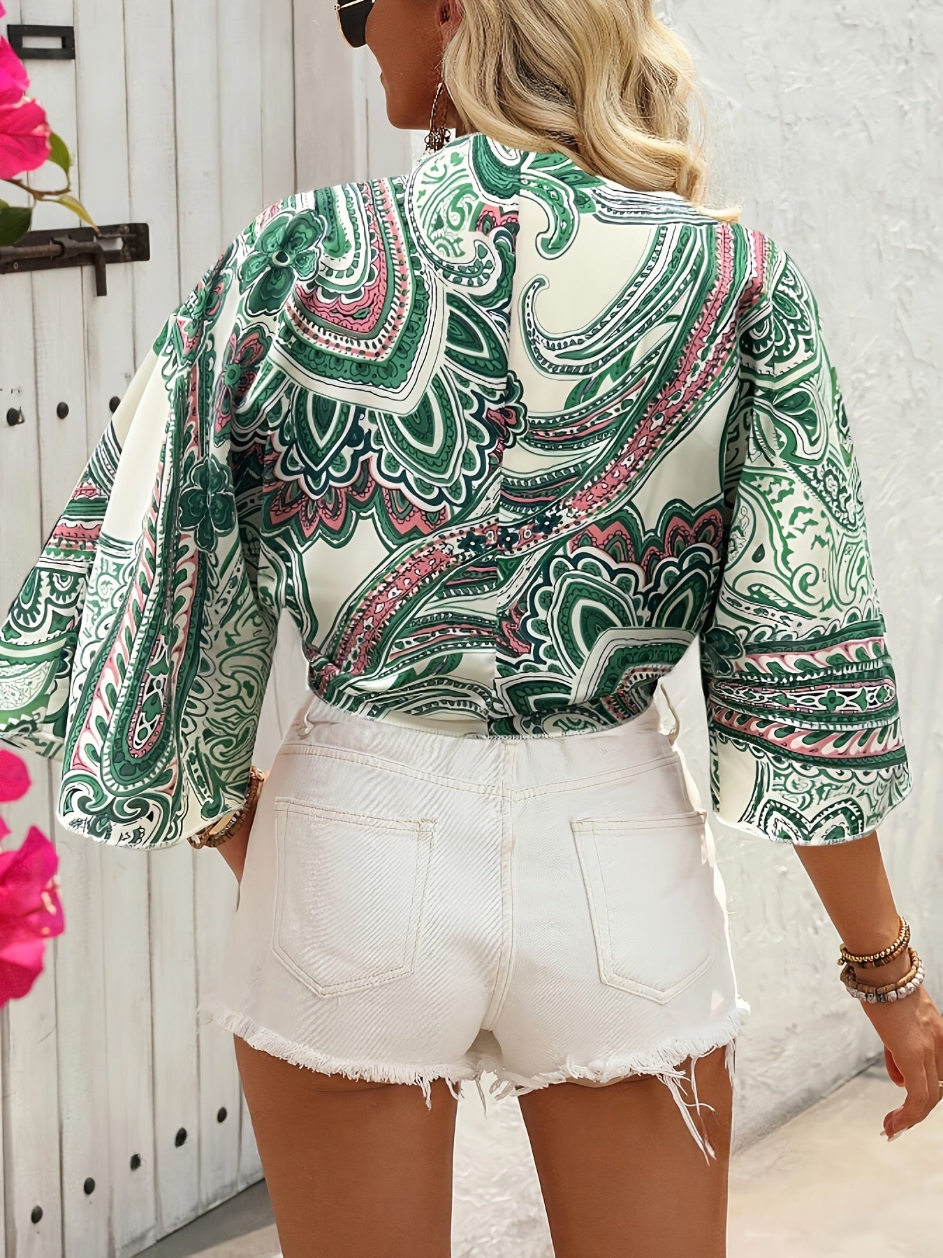 Paisley print knot-front crop blouse – boho style with bell sleeves, ideal for spring and summer