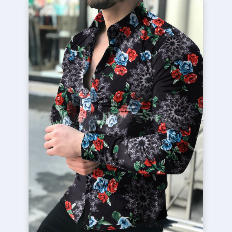 Camisa casual masculina de manga comprida floral primavera e outono