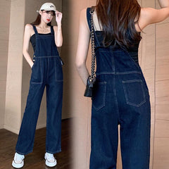 Macacão jeans escuro de cintura alta simples feminino